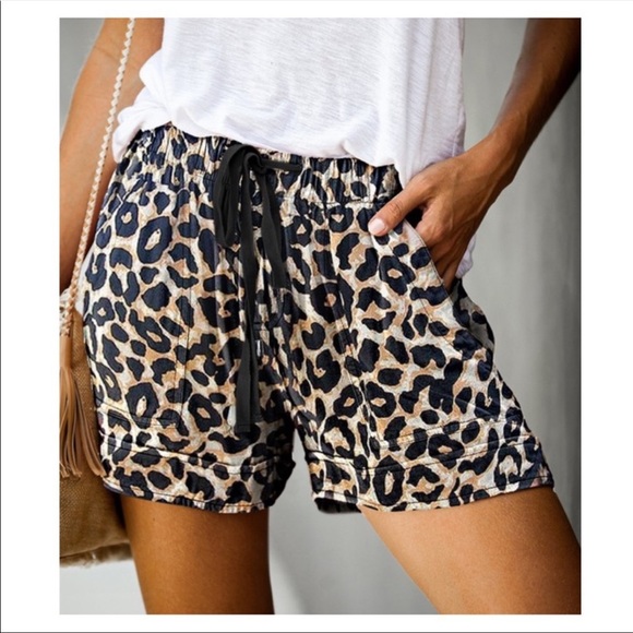 Leopard Front Drawstring Shorts with Pockets (leopard shorts)